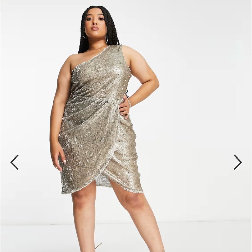 Jaded Rose Plus one shoulder wrap front mini dress in silver sequin